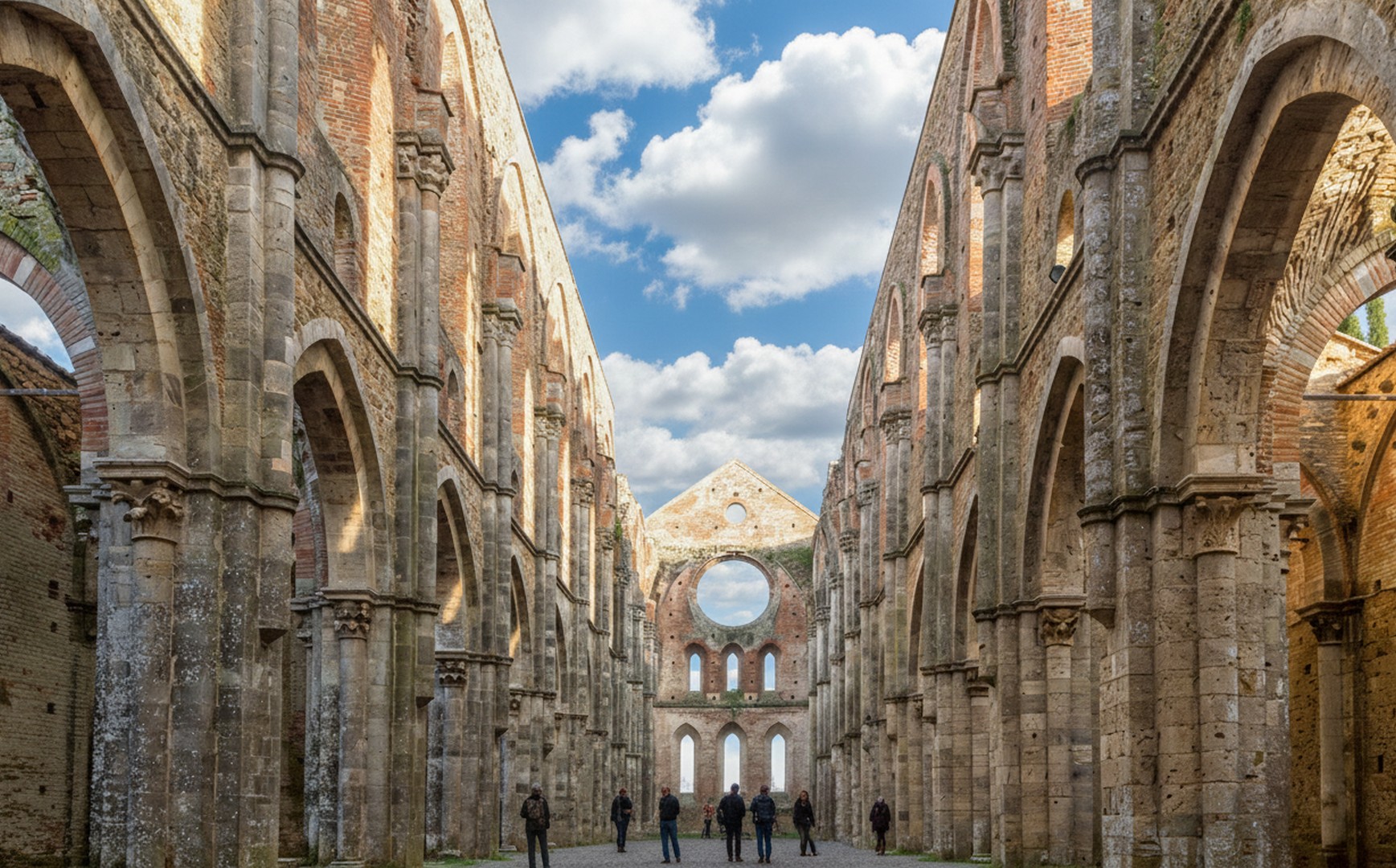 San Galgano dove si erge un’imponente basilica costruita nel 1218 con pianta a croce latina a tre navate