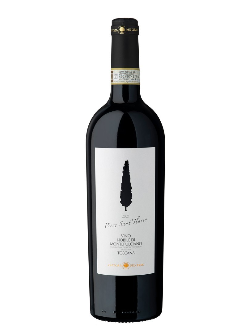 Bottiglia di Pieve Sant'Ilario, Vino Nobile di Montepulciano DOCG 2021 di Fattoria del Cerro, con etichetta bianca e cipresso stilizzato